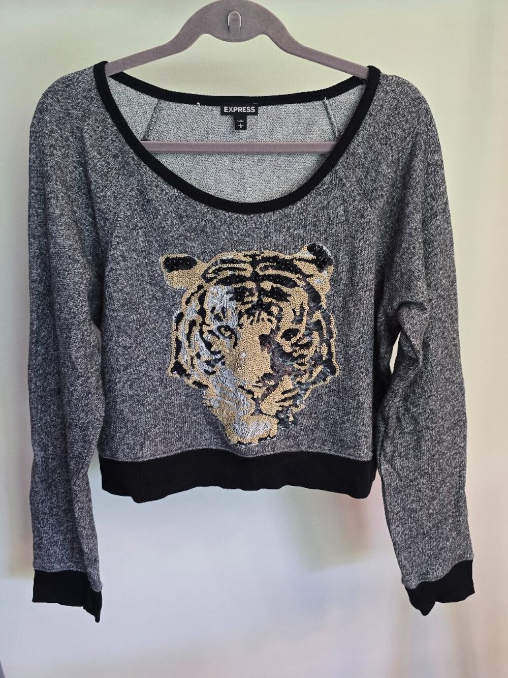 Express Gray and Black Sequined Beaded Embellished Tiger Sweater L